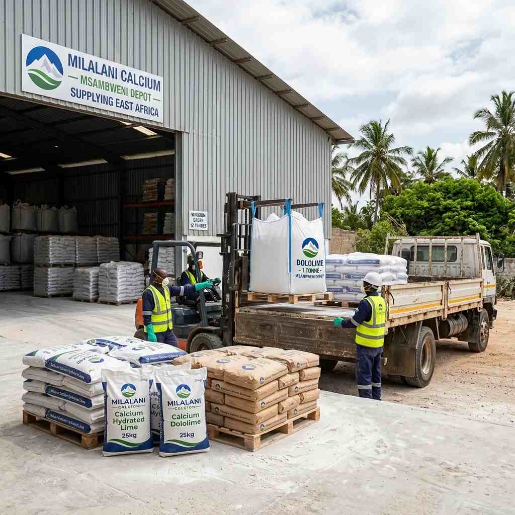 Forklift loading Milalani Calcium Dololime bags onto truck at Msambweni depot for industrial supply