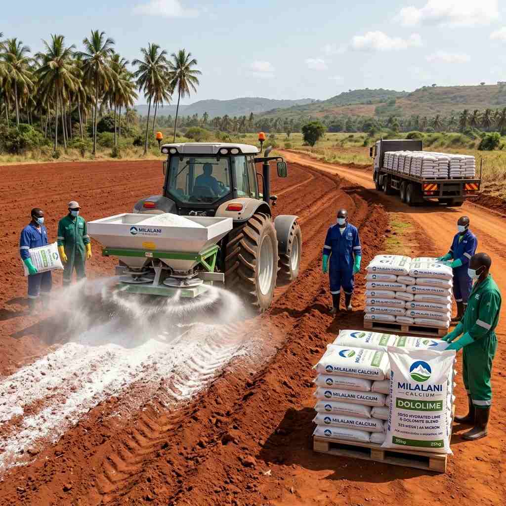 Tractor spreading Milalani Calcium Dololime lime on red soil field for soil conditioning and agriculture