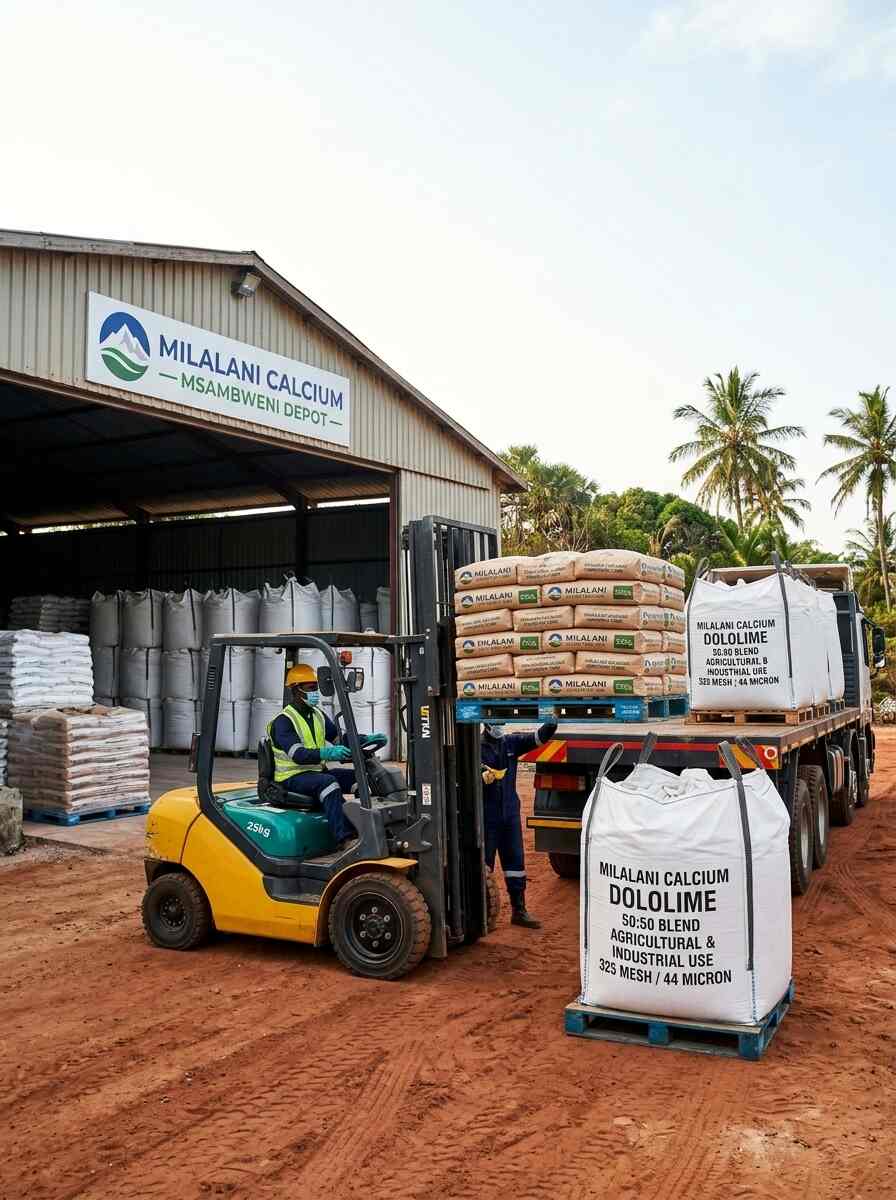 Mercedes truck at loading dock of Milalani Calcium export depot in Msambweni for ex-godown delivery