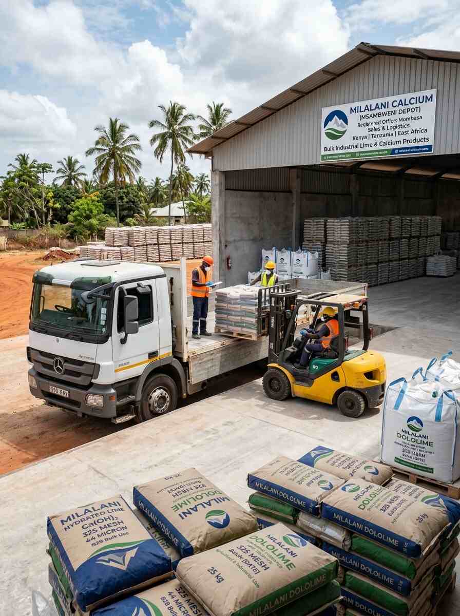 Forklift loading Milalani Calcium lime products onto truck at depot on dirt road at dusk for ex-godown supply