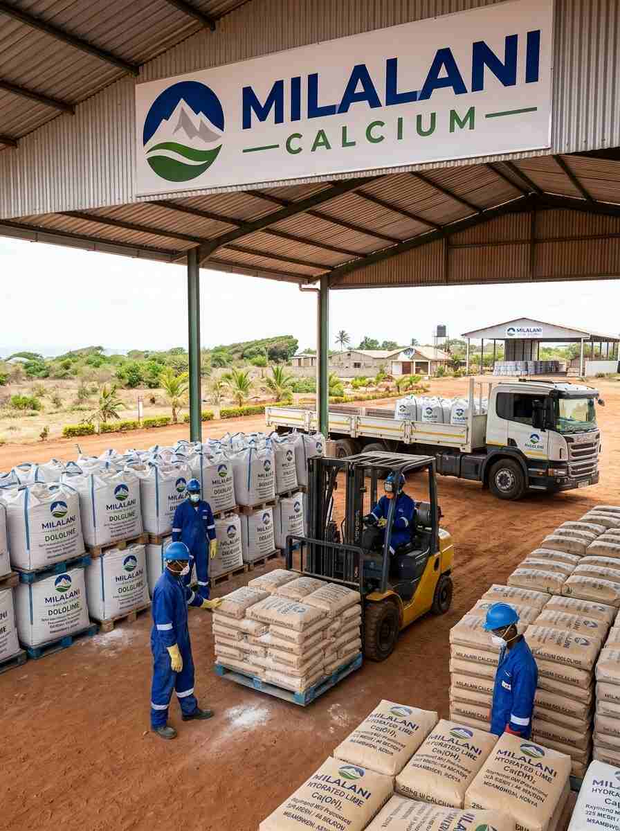 Wide depot yard at Msambweni with Scania truck and multiple workers loading Milalani Calcium lime products