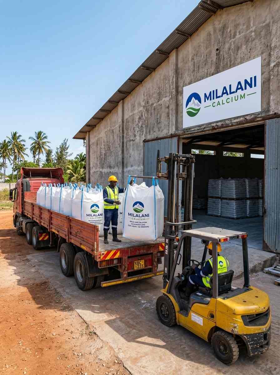 Concrete warehouse with flatbed truck and forklift loading Milalani Calcium lime products at depot
