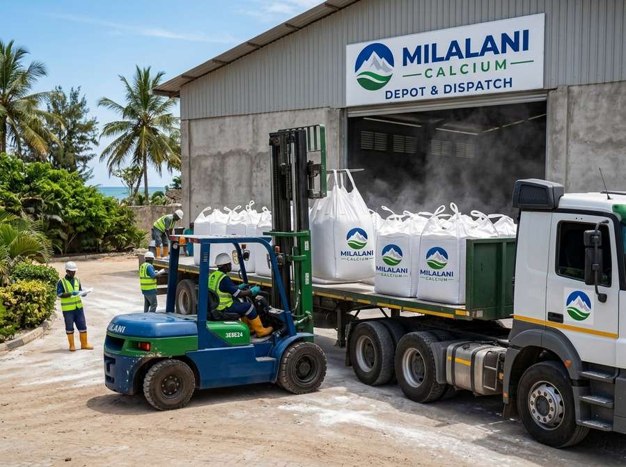 Milalani Calcium hydrated lime truck loading near coastal depot for water and wastewater treatment